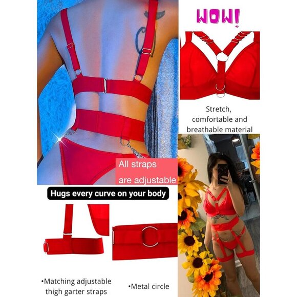 Women 1-red Naughty 5 Piecs Lace Garter Belt Bodydoll Lingerie Set With Chain - Picture 9 of 9